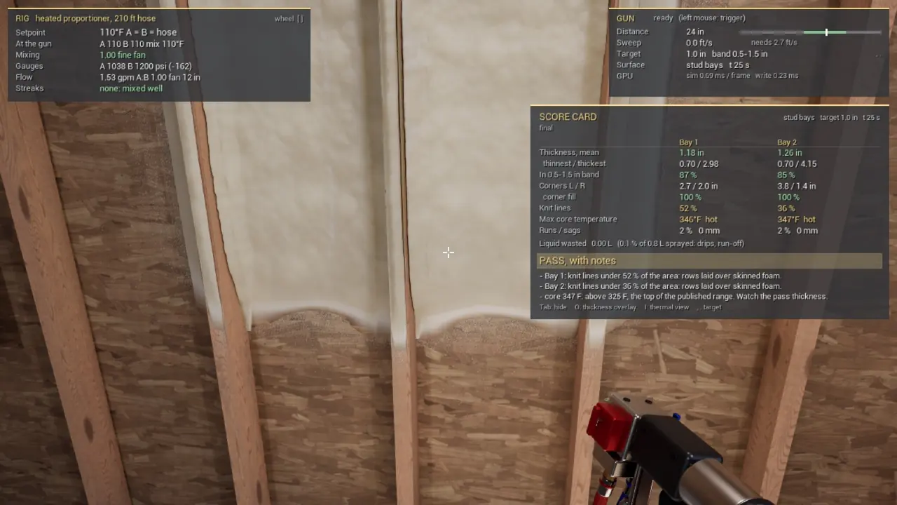 A pass in the simulator: the rig readout (top left), the gun readout (top right) and the score card after the pass.