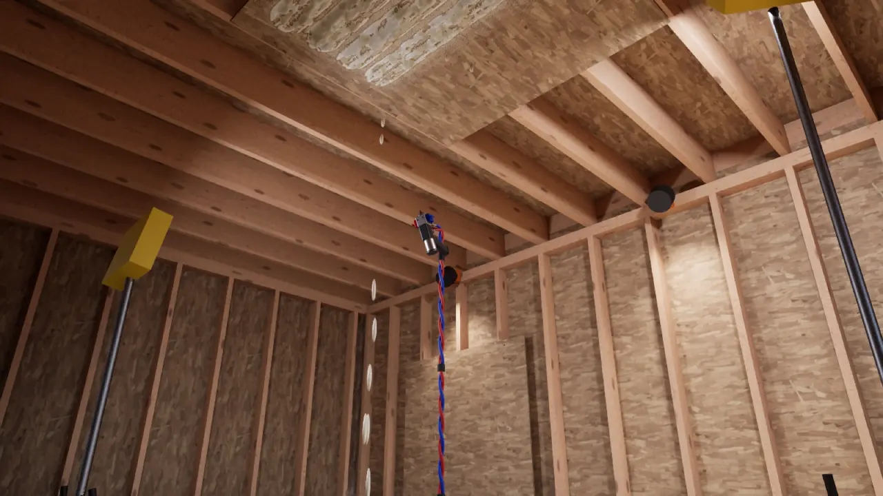 Ceiling pass with drips falling. Real-time simulation capture.