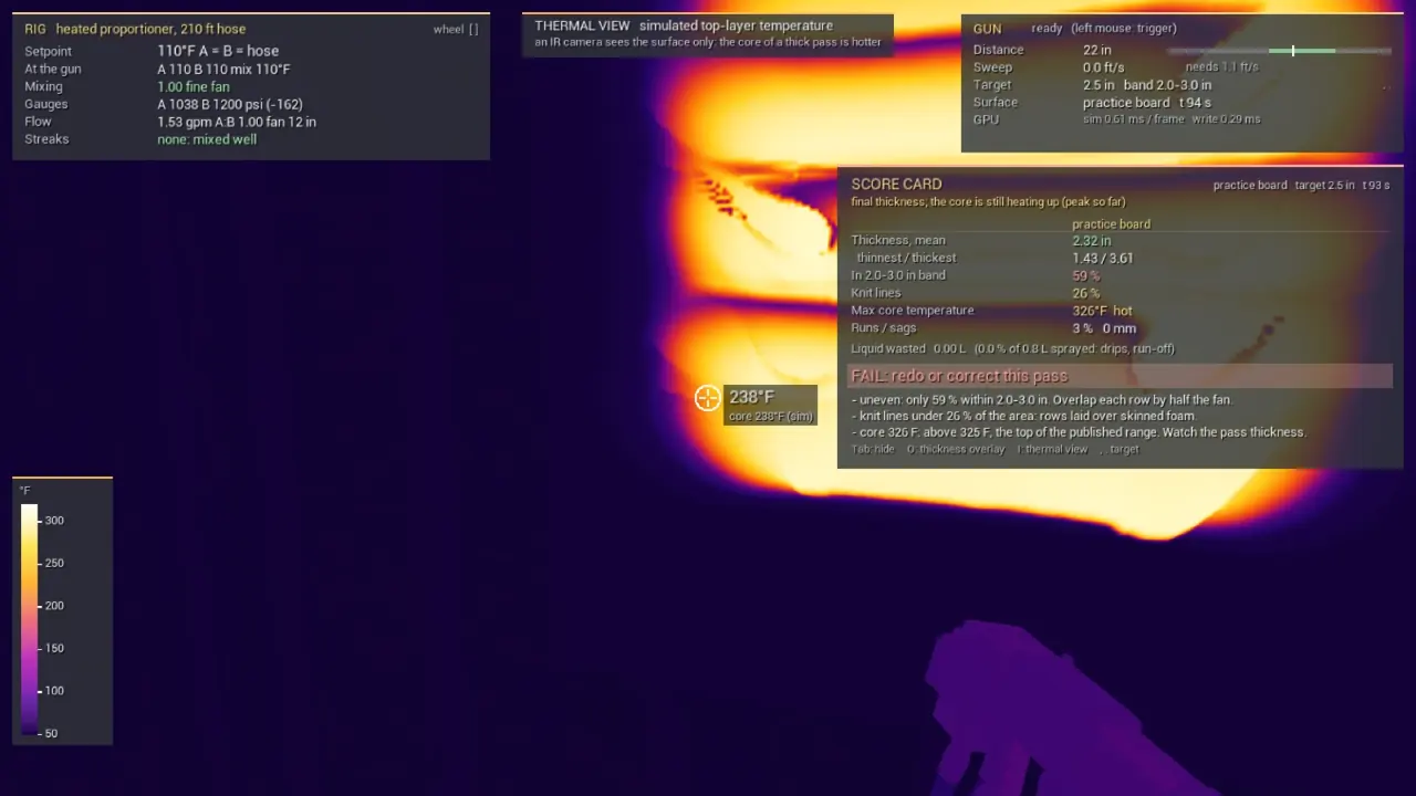 Thermal view: simulated top-layer temperature in an infrared palette, with a spot meter and the score card showing a failed pass. Real-time simulation capture.
